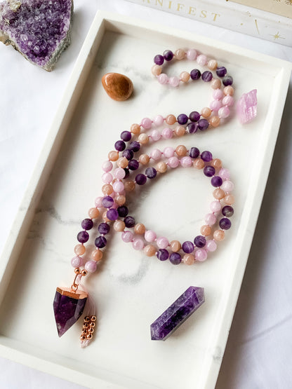 DESERT ROSE Mala Necklace | Amethyst, Kunzite + Peach Moonstone