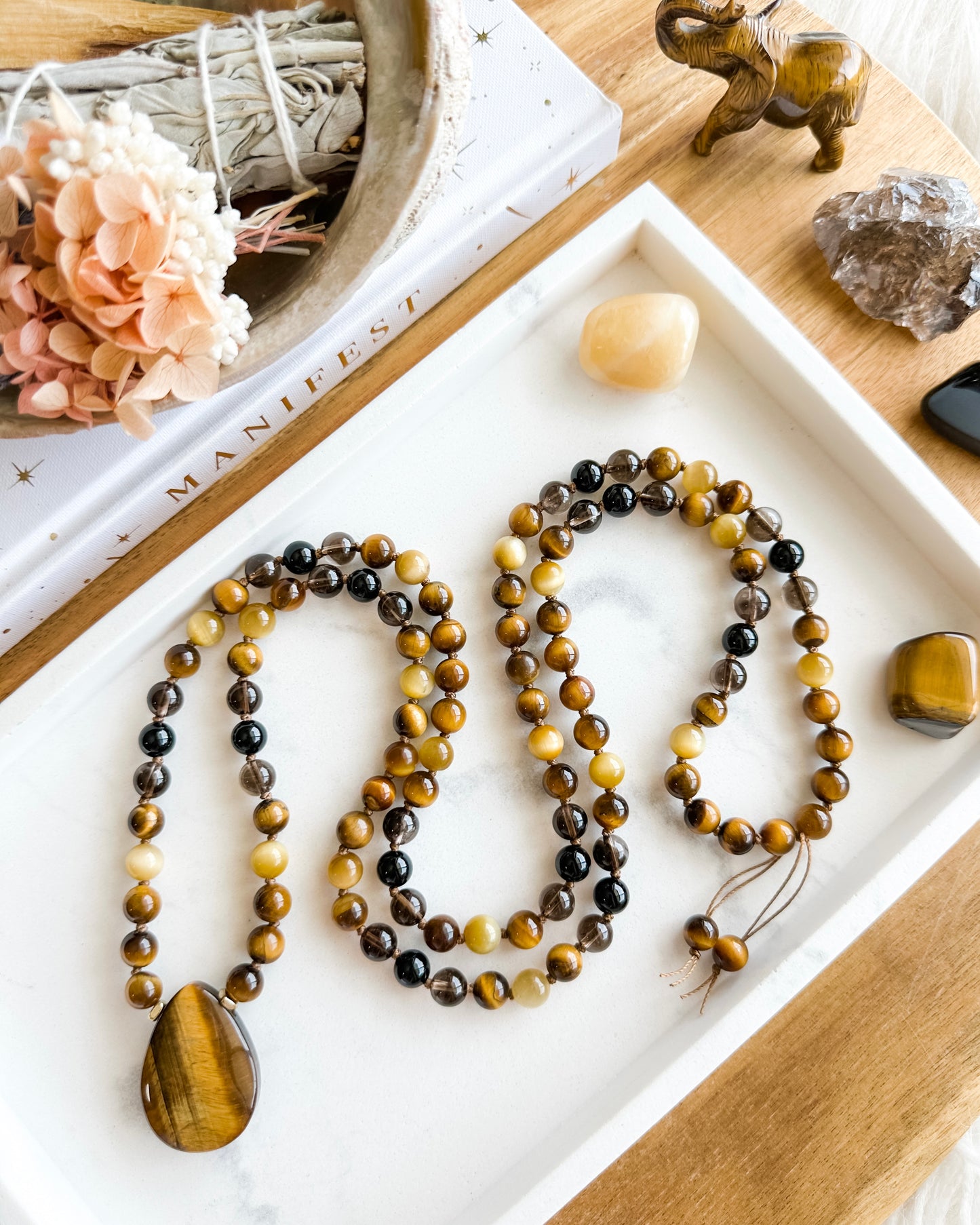 Reclaim Your Power Mala Necklace | Black Onyx, Brown Tiger Eye, Honey Tiger Eye + Smoky Quartz