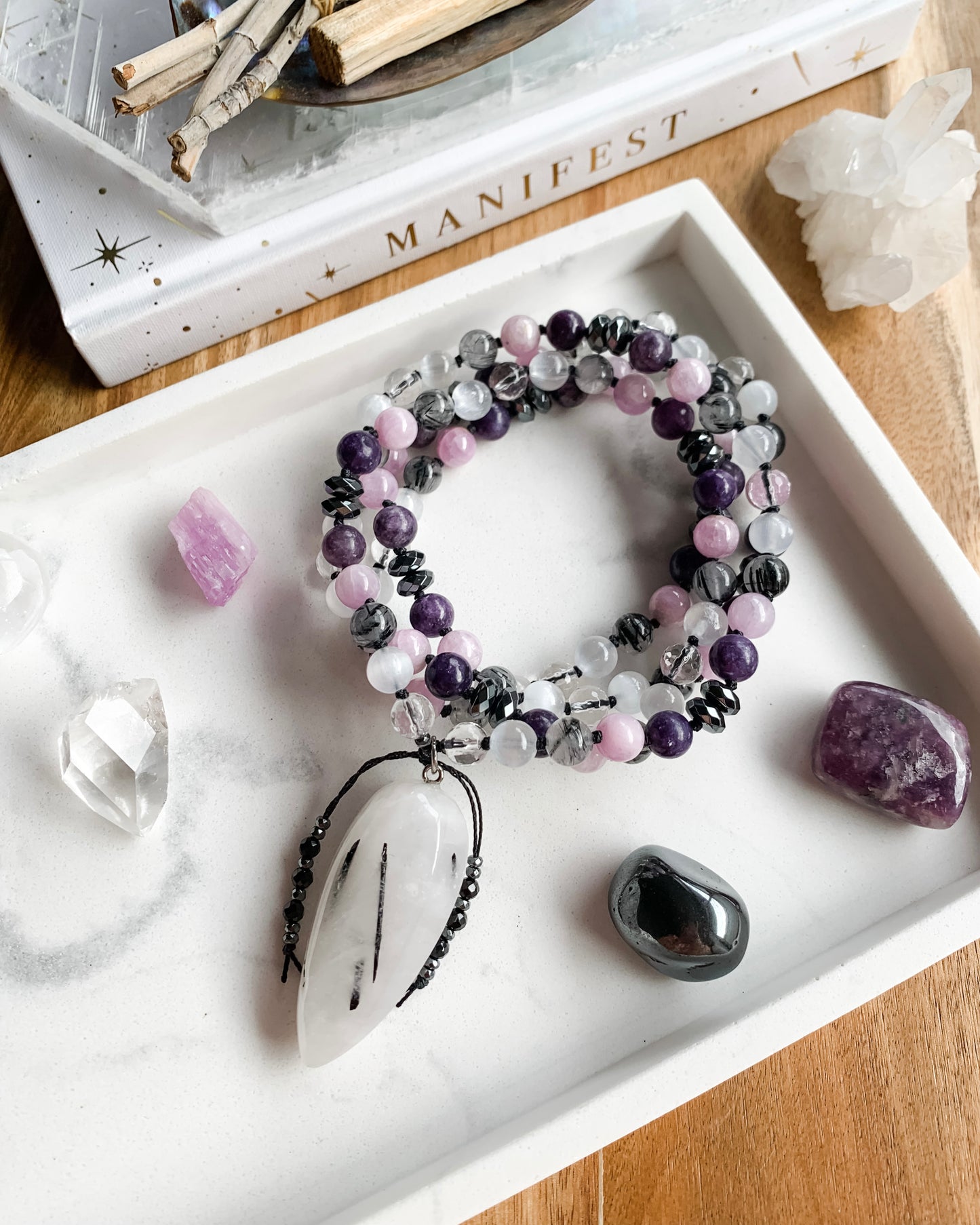 PROTECT YOUR PEACE Mala Necklace | Clear Quartz, Hematite, Kunzite, Lepidolite, Selenite + Tourmalinated Quartz