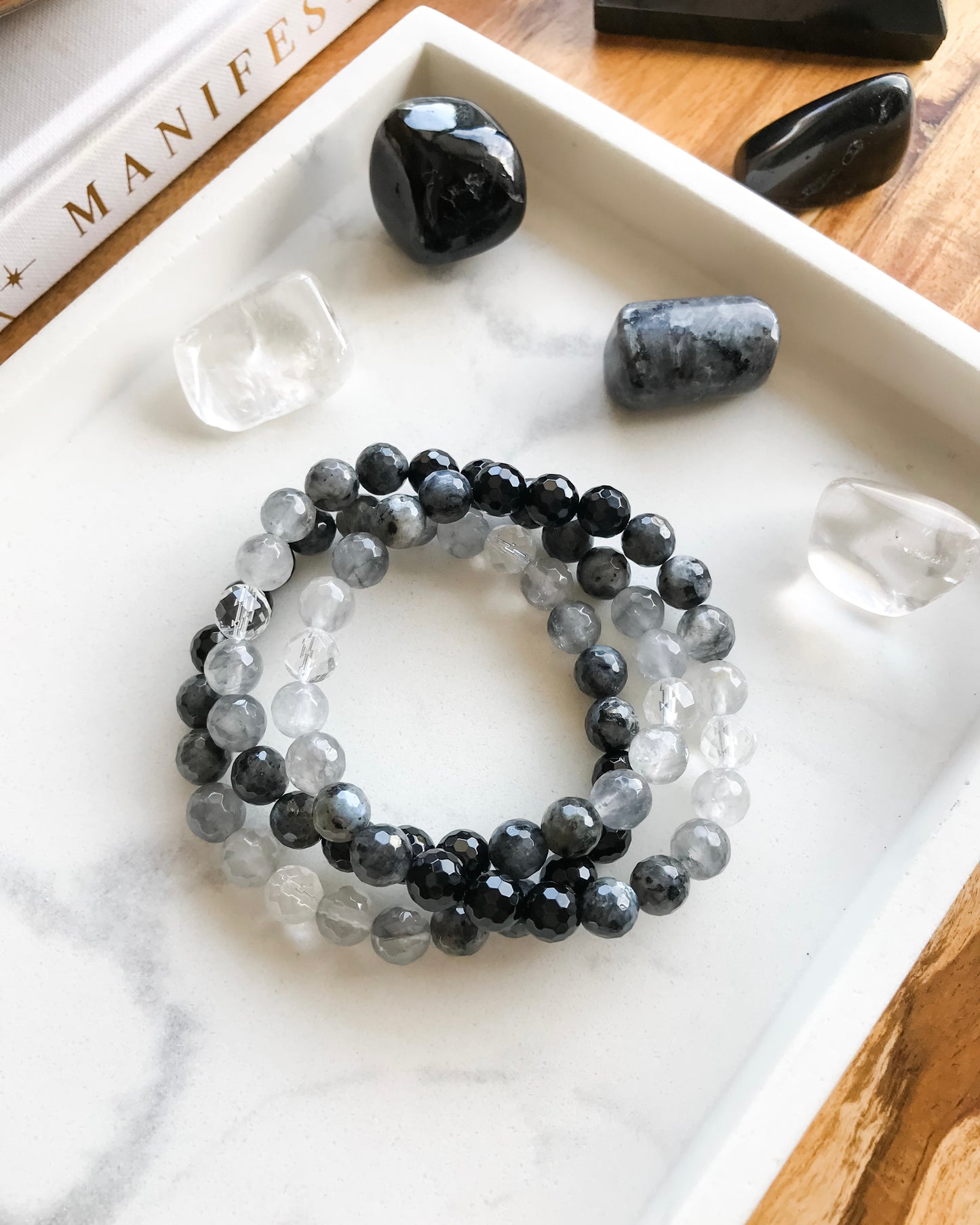 FROM THE ASHES Mala Bracelet | Black Onyx, Clear Quartz, Grey Quartz + Larvikite