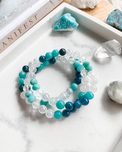 Goddess of the Sea Mala Bracelet | Amazonite, Apatite, Clear Quartz + Rainbow Moonstone