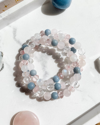 Springtime Blossom Mala Bracelet | Angelite, Clear Quartz, Rainbow Moonstone + Rose Quartz