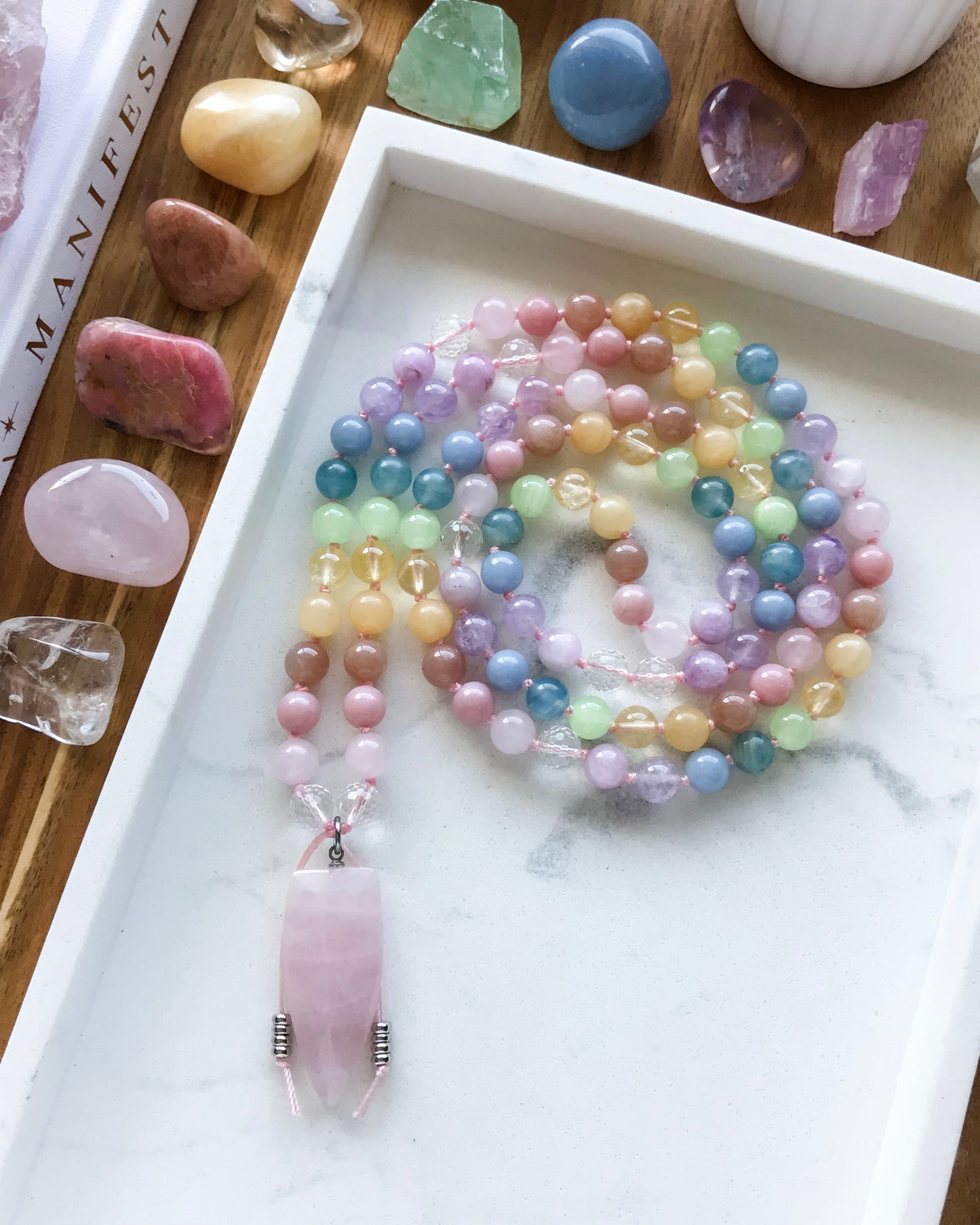 Pastel Rainbow Mala Necklace | Amethyst, Angelite, Blue Calcite, Citrine, Clear Quartz, Green Calcite, Kunzite, Peach Moonstone, Pink Opal, Rose Quartz + Yellow Calcite