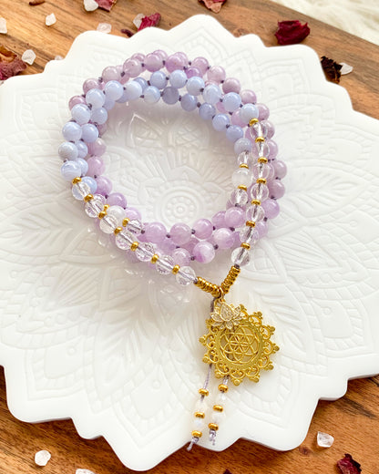 SPIRITUAL CONNECTION Mala Necklace | Amethyst, Blue Lace Agate, Clear Quartz + Rainbow Moonstone