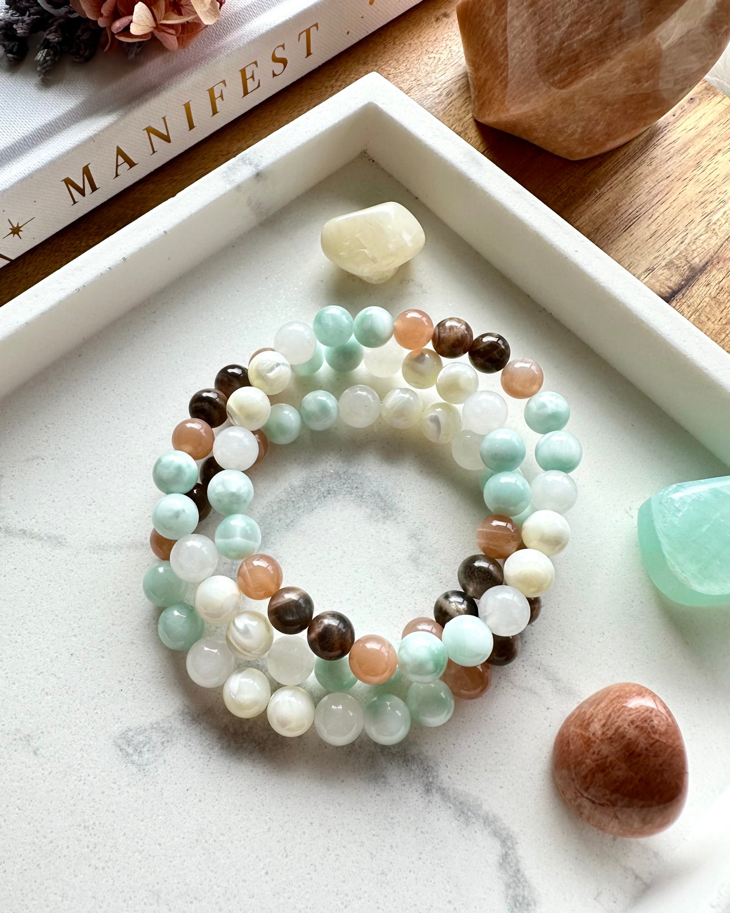 REBIRTH Mala Bracelet | Black Moonstone, Green Moonstone, Jade, Peach Moonstone + Mother of Pearl