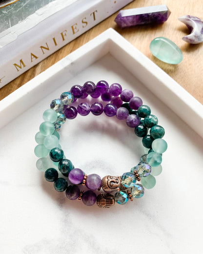 PRACTICAL MAGICK Mala Bracelet | Amethyst, Apatite, Aura Quartz + Fluorite