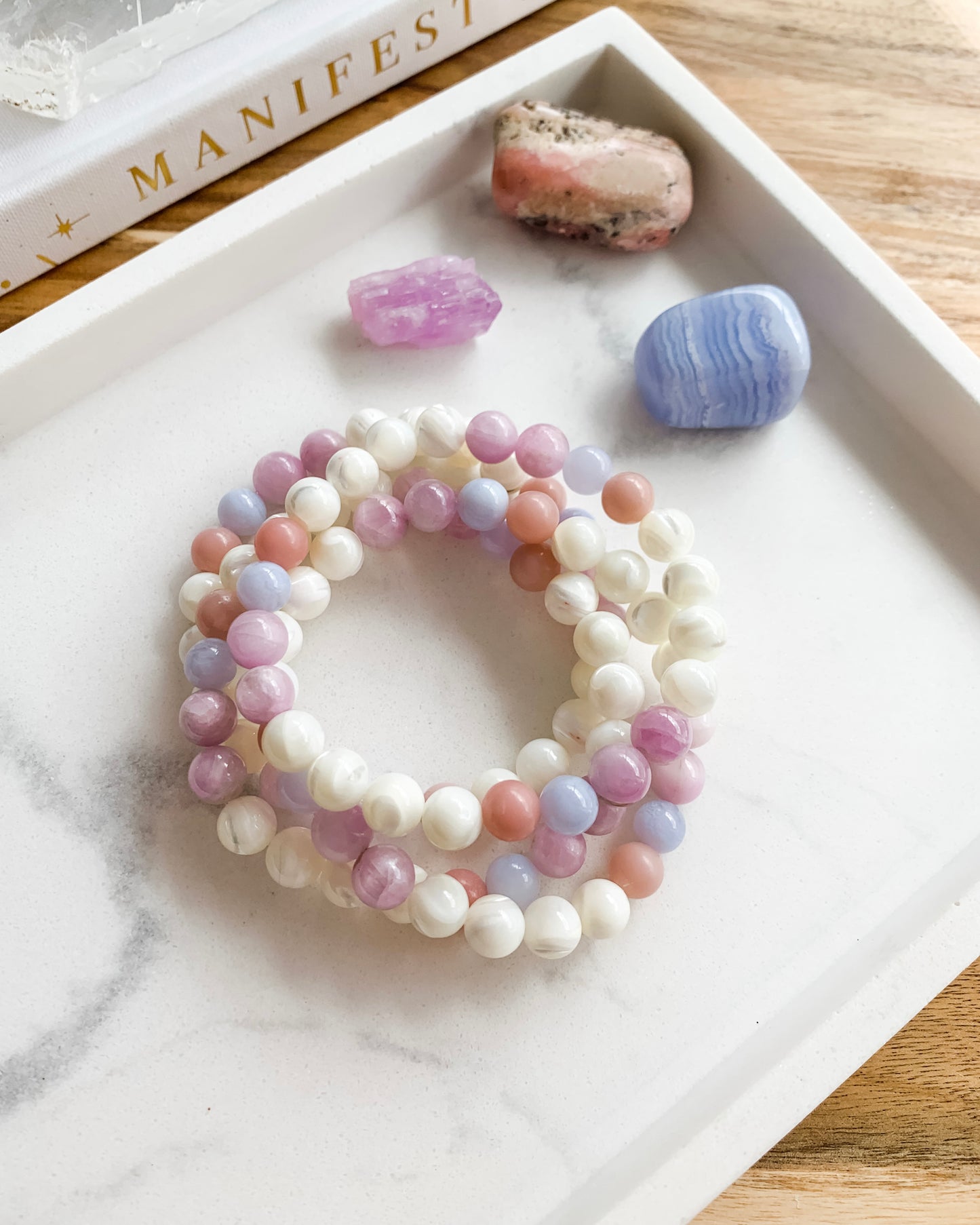 Seashells Mala Bracelet | Blue Lace Agate, Kunzite, Mother of Pearl + Pink Opal