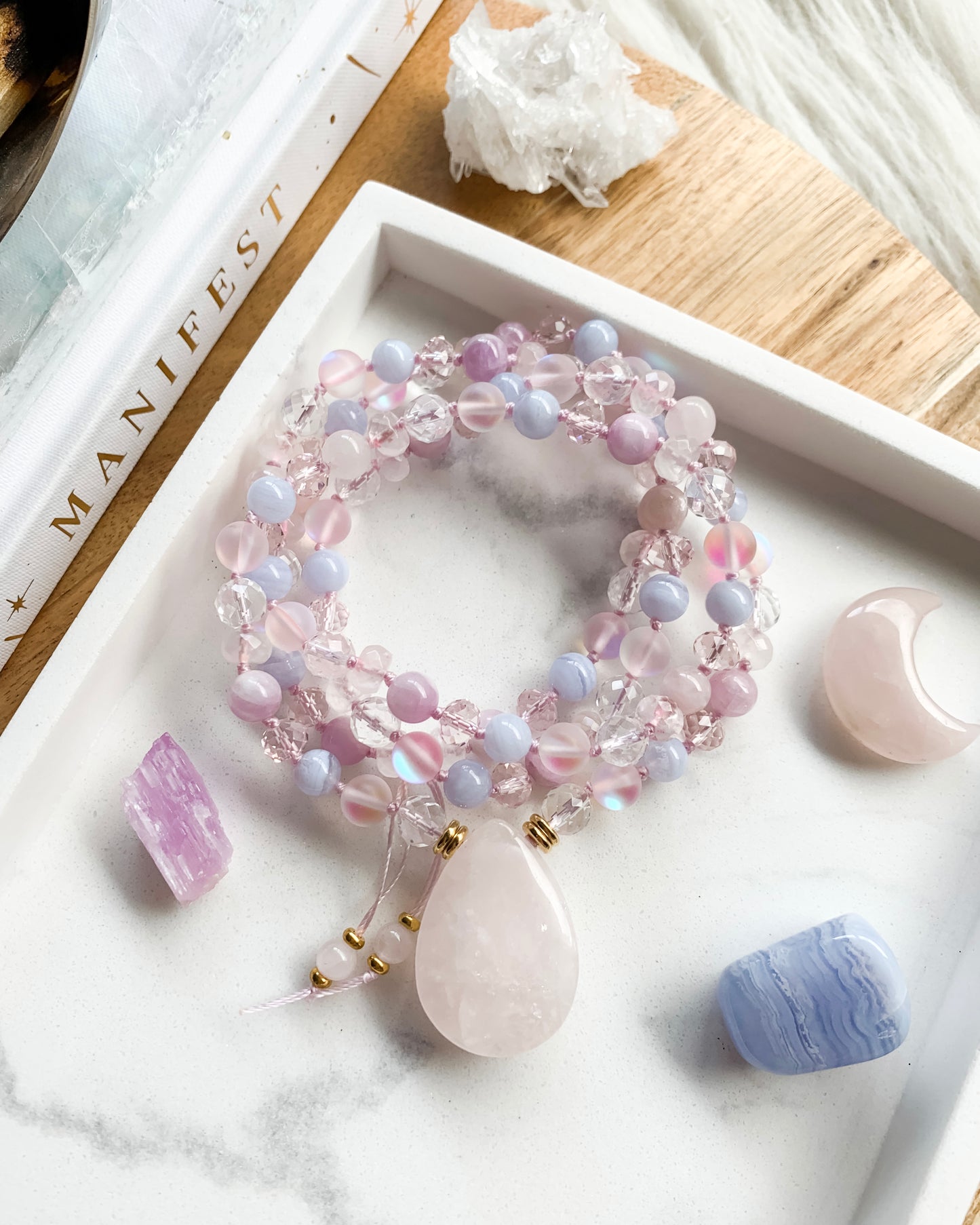 Cotton Candy Skies Mala Necklace | Aura Quartz, Blue Lace Agate, Kunzite + Rose Quartz