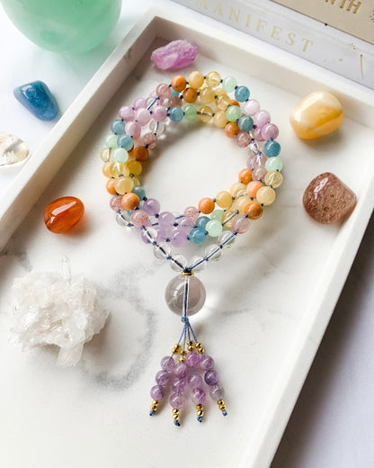 PASTEL RAINBOW Mala Necklace | Amethyst, Blue Calcite, Citrine, Clear Quartz, Green Calcite, Kunzite, Orange Calcite, Strawberry Quartz + Yellow Calcite