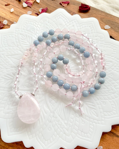 I Am Blossoming Mala Necklace | Angelite, Clear Quartz + Rose Quartz