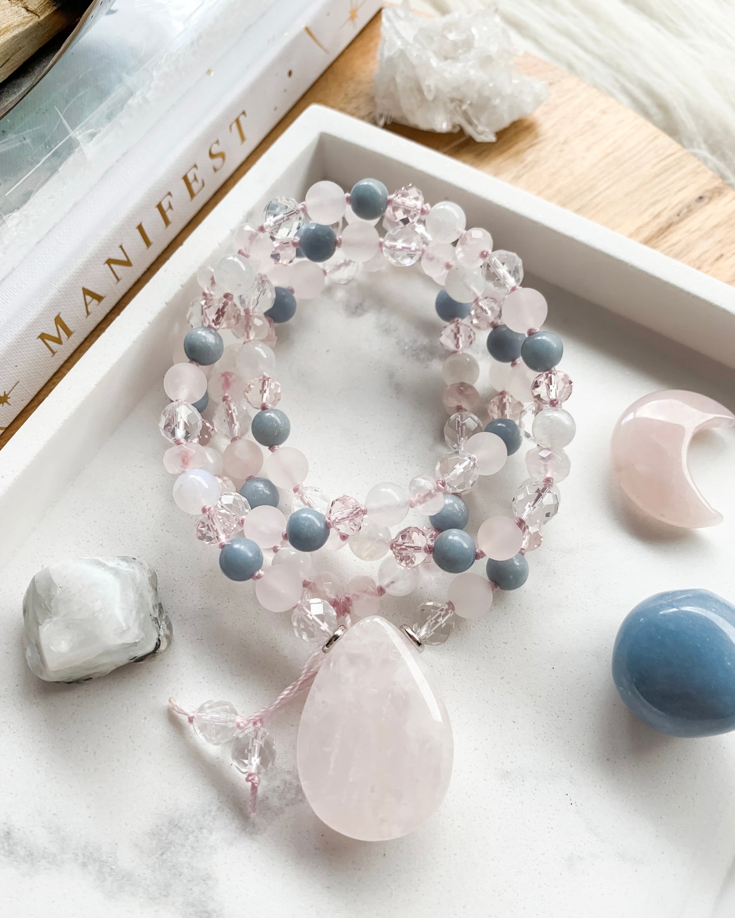 Springtime Blossom (Silver) Mala Necklace | Angelite, Clear Quartz, Rainbow Moonstone + Rose Quartz