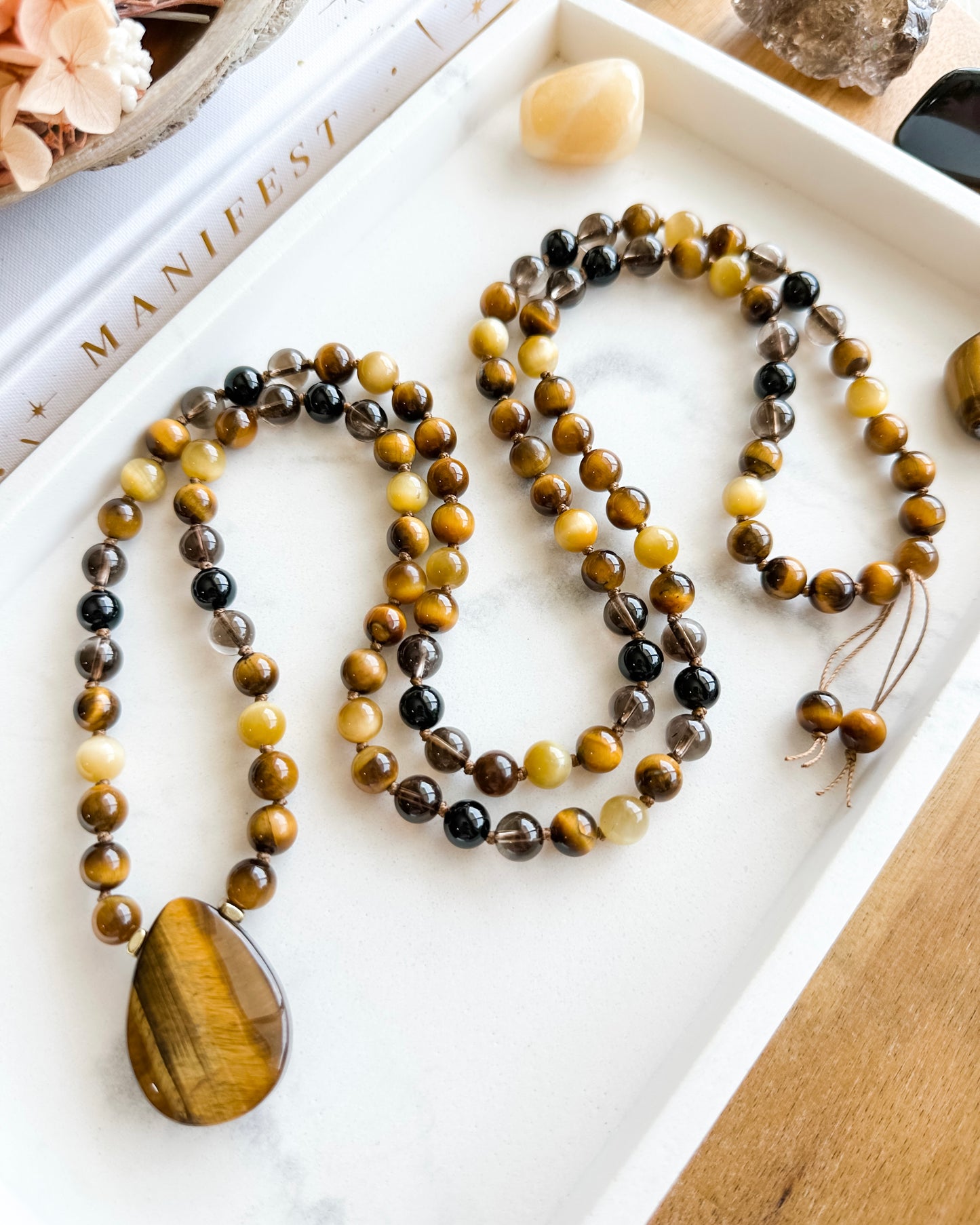 RECLAIM YOUR POWER Mala Necklace | Black Onyx, Brown Tiger Eye, Honey Tiger Eye + Smoky Quartz