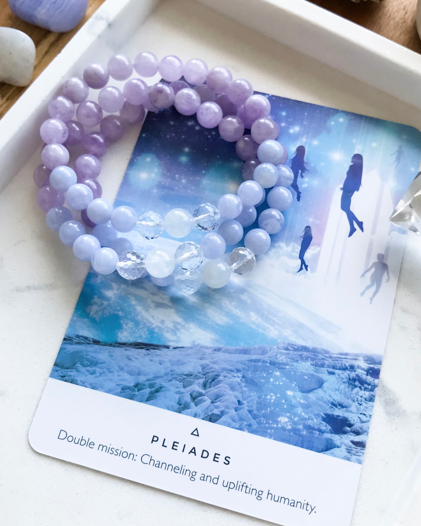 Spiritual Connection Mala Bracelet | Blue Lace Agate, Clear Quartz, Lavender Amethyst + Rainbow Moonstone