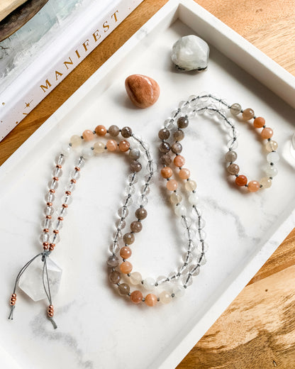 Autumn Leaves Mala Necklace | Black Moonstone, Clear Quartz, Peach Moonstone + Rainbow Moonstone