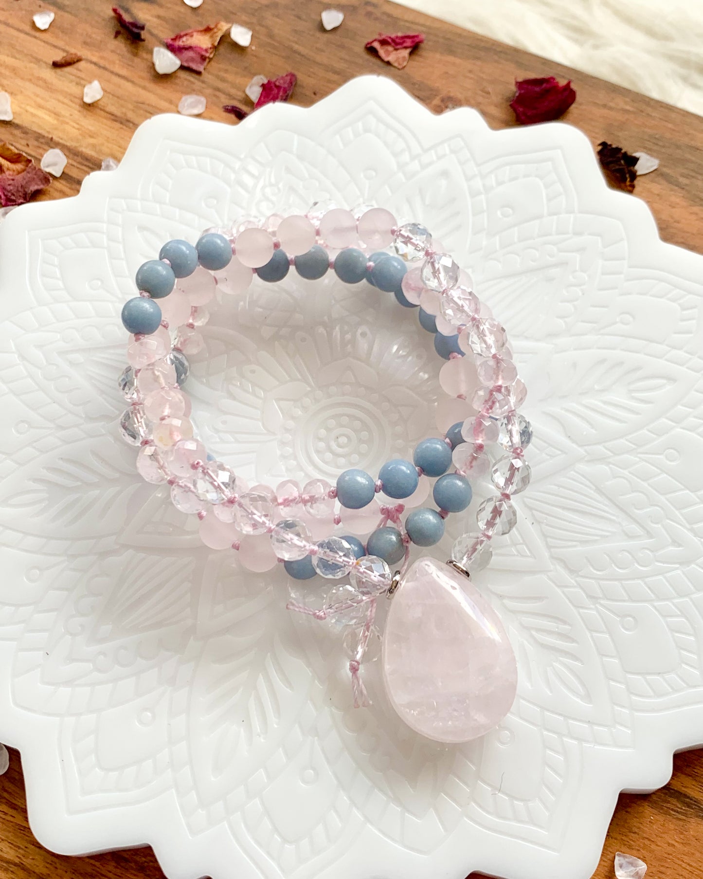 I Am Blossoming Mala Necklace | Angelite, Clear Quartz + Rose Quartz