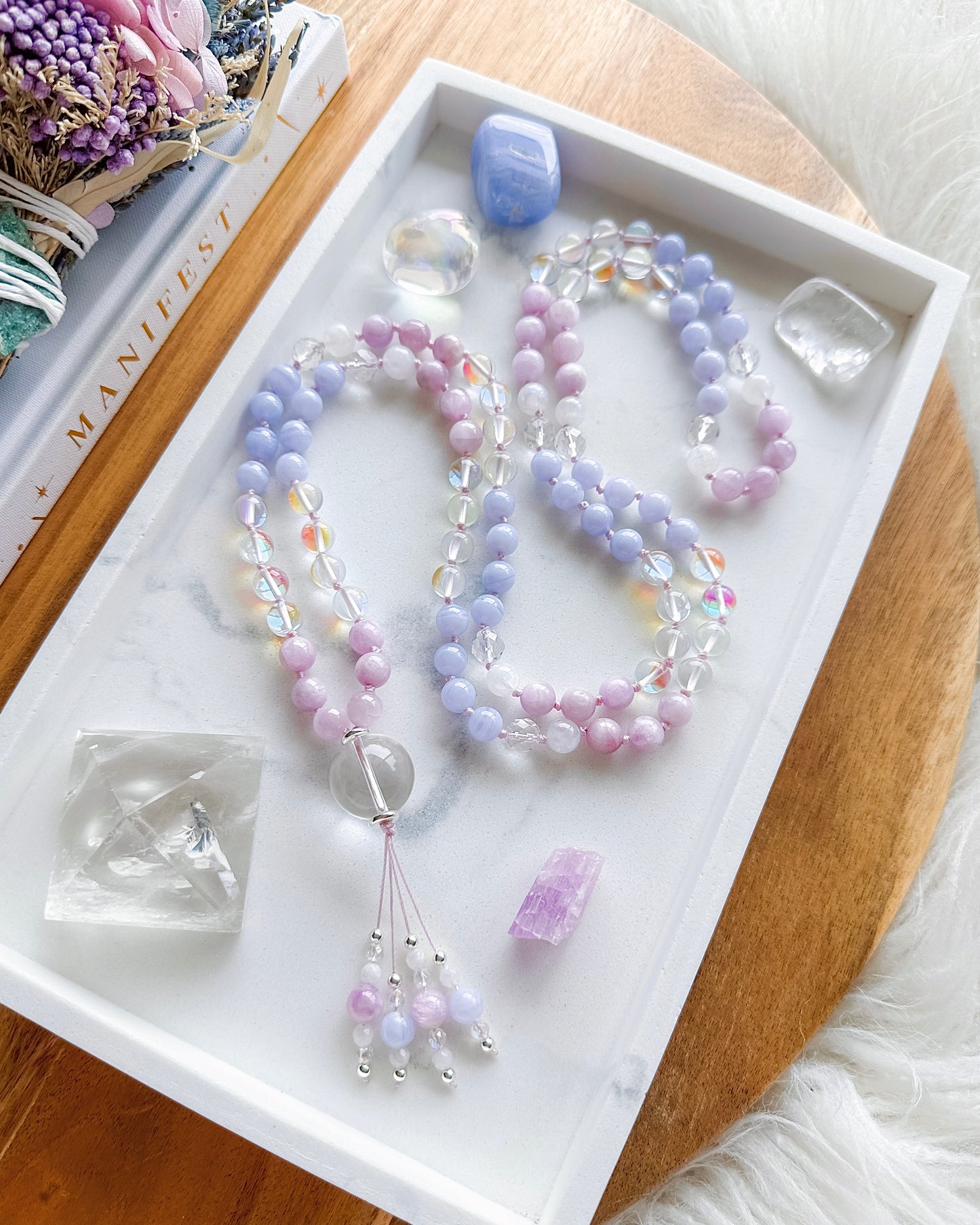 Enchanting Magic Mala Necklace | Aura Quartz, Blue Lace Agate, Clear Quartz, Kunzite + Rainbow Moonstone