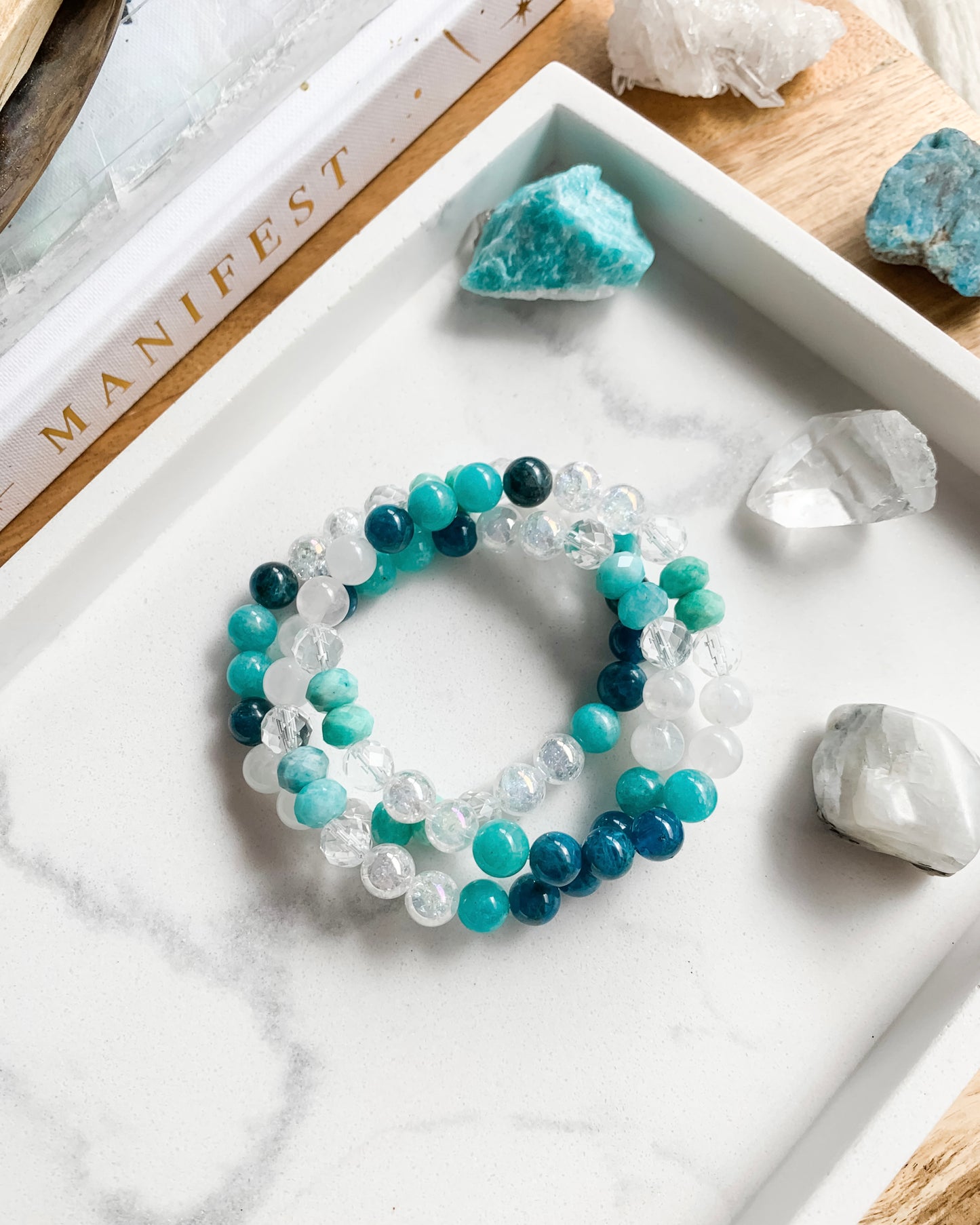 Goddess of the Sea Mala Bracelet | Amazonite, Apatite, Clear Quartz + Rainbow Moonstone