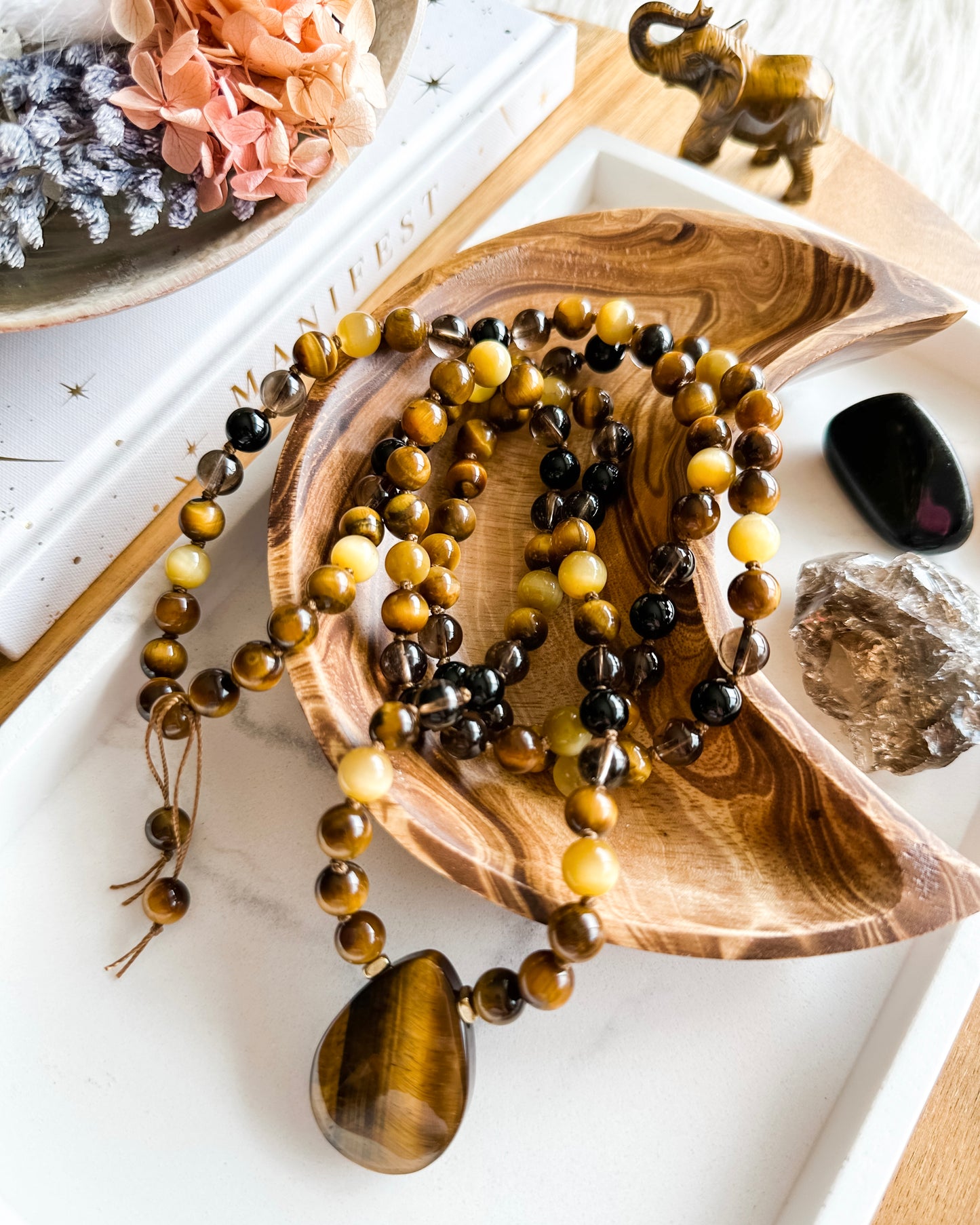 Reclaim Your Power Mala Necklace | Black Onyx, Brown Tiger Eye, Honey Tiger Eye + Smoky Quartz