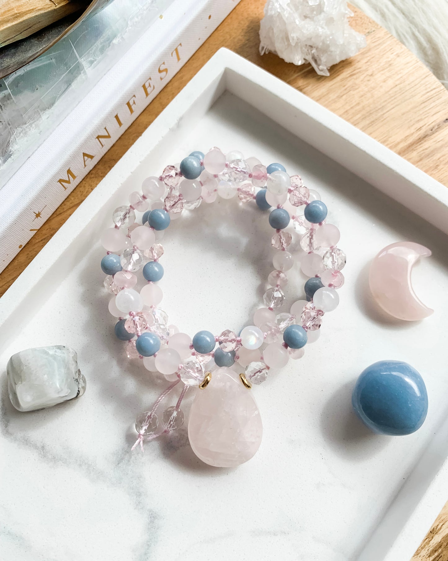 Springtime Blossom (Gold) Mala Necklace | Angelite, Clear Quartz, Rainbow Moonstone + Rose Quartz