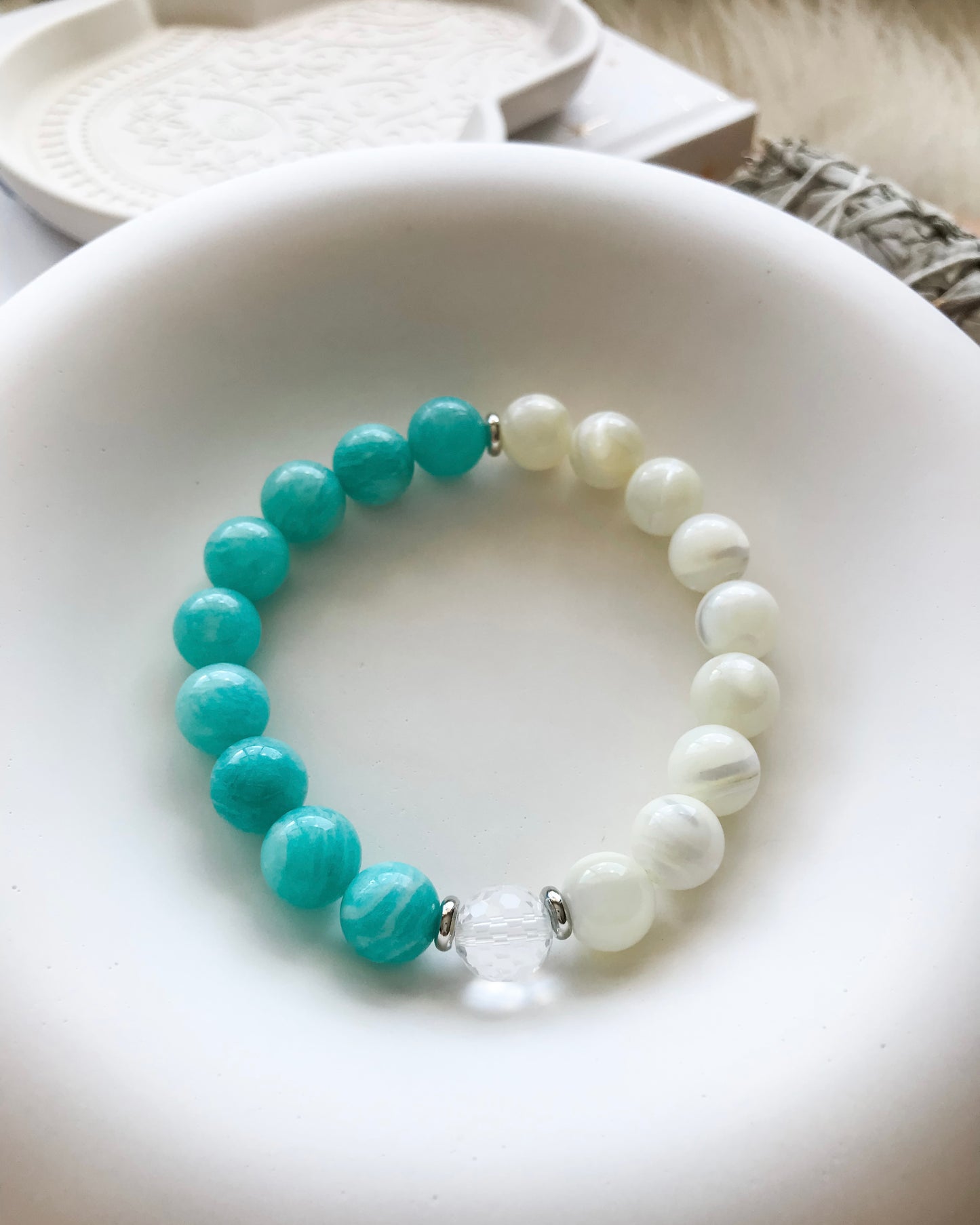 GYPSEA | Amazonite, Clear Quartz + Mother of Pearl Mala Bracelets