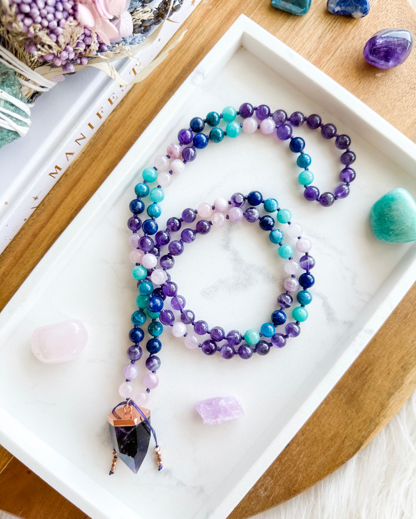 Uplifting Energy Mala Necklace | Amazonite, Amethyst, Apatite, Kunzite, Rose Quartz + Sodalite