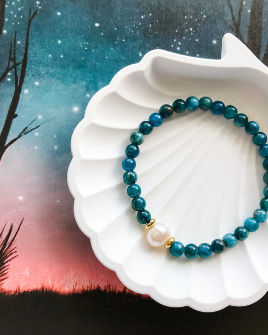 ATLANTIS | Freshwater Pearl + Blue Apatite Mala Bracelet