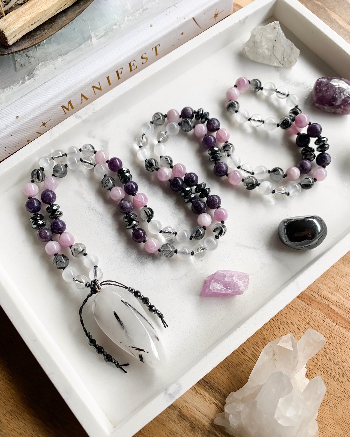 Protect Your Peace Mala Necklace | Clear Quartz, Hematite, Kunzite, Lepidolite, Selenite + Tourmalinated Quartz