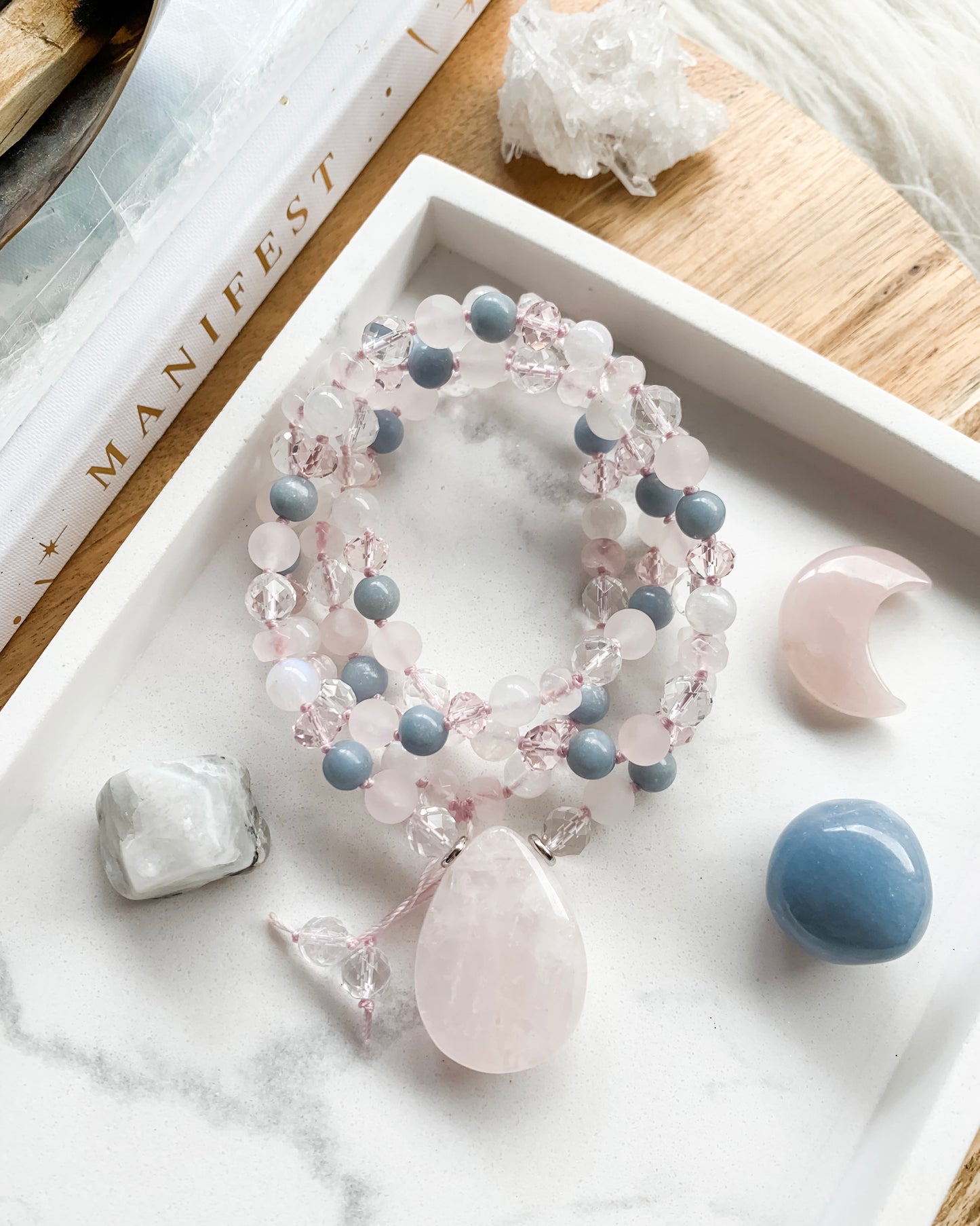 SILVER SPRINGTIME BLOSSOM Mala Necklace | Angelite, Clear Quartz, Rainbow Moonstone + Rose Quartz