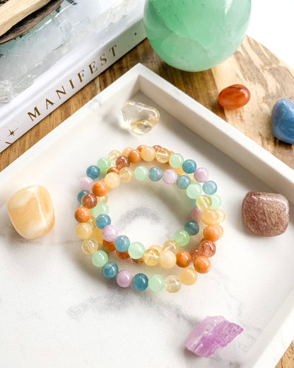 PASTEL RAINBOW Mala Bracelet | Blue Calcite, Citrine, Green Calcite, Kunzite, Orange Calcite, Sunstone + Yellow Calcite