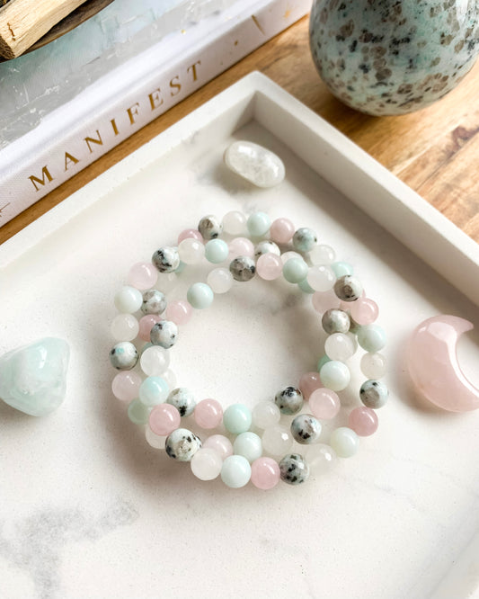 RADIATING LOVE Mala Bracelet | Amazonite, Jade, Kiwi Jasper + Rose Quartz