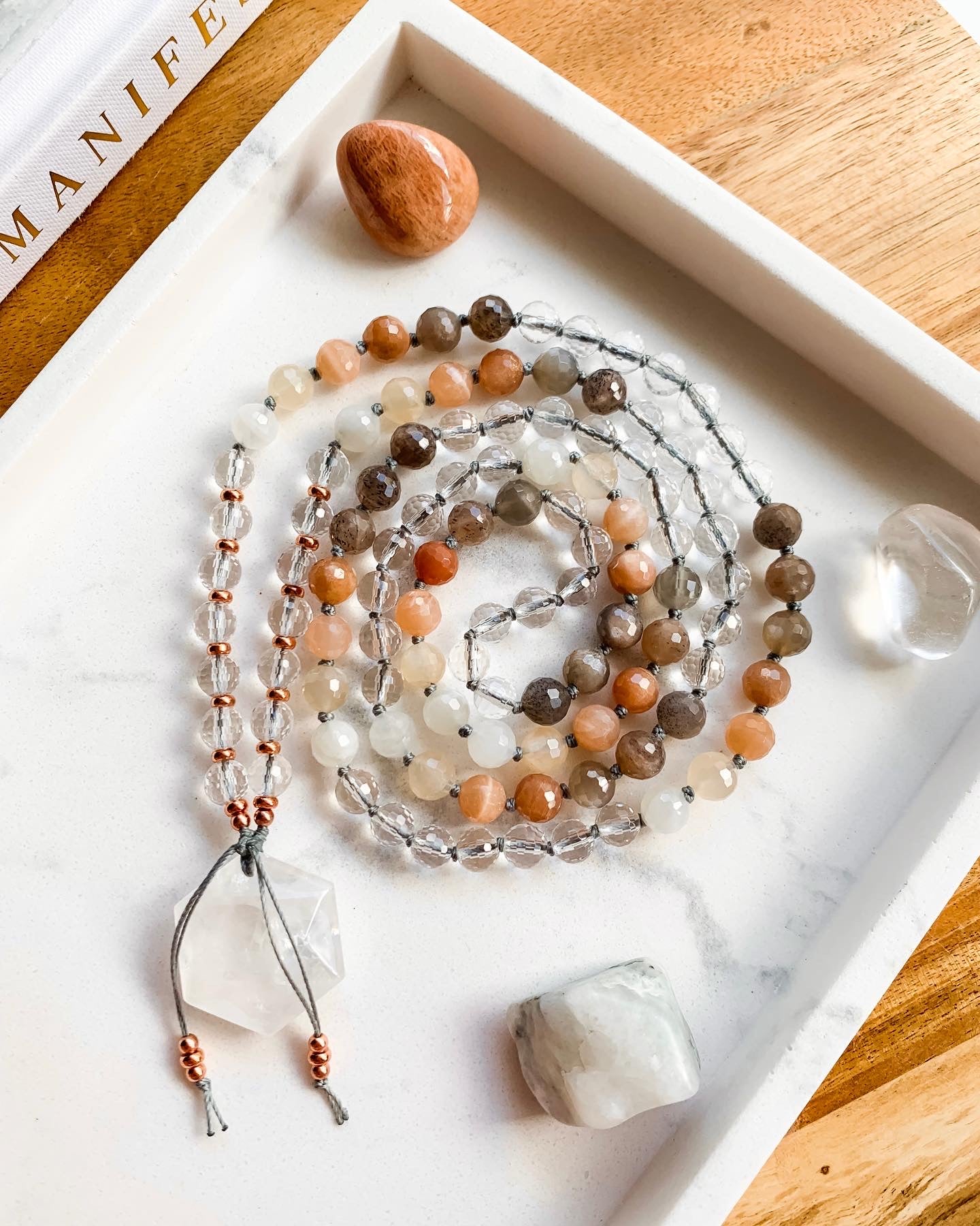 Autumn Leaves Mala Necklace | Black Moonstone, Clear Quartz, Peach Moonstone + Rainbow Moonstone