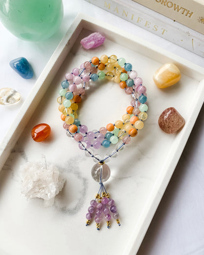 PASTEL RAINBOW Mala Necklace | Amethyst, Blue Calcite, Citrine, Clear Quartz, Green Calcite, Kunzite, Orange Calcite, Strawberry Quartz + Yellow Calcite