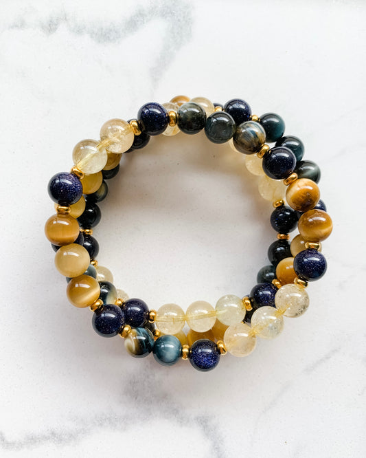 UNLEASH YOUR POTENTIAL | Blue Goldstone, Blue Tiger Eye, Citrine + Honey Tiger Eye Mala Bracelet