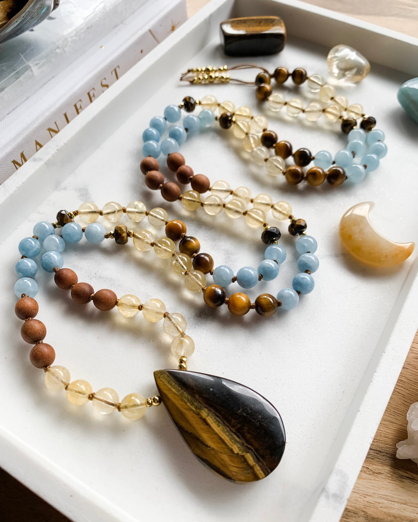 FEARLESS Mala Necklace | Aquamarine, Citrine, Sandalwood + Brown Tiger Eye