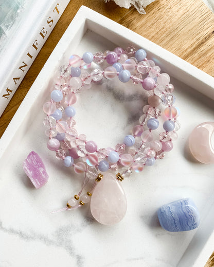 COTTON CANDY SKIES Mala Necklace | Aura Quartz, Blue Lace Agate, Kunzite + Rose Quartz