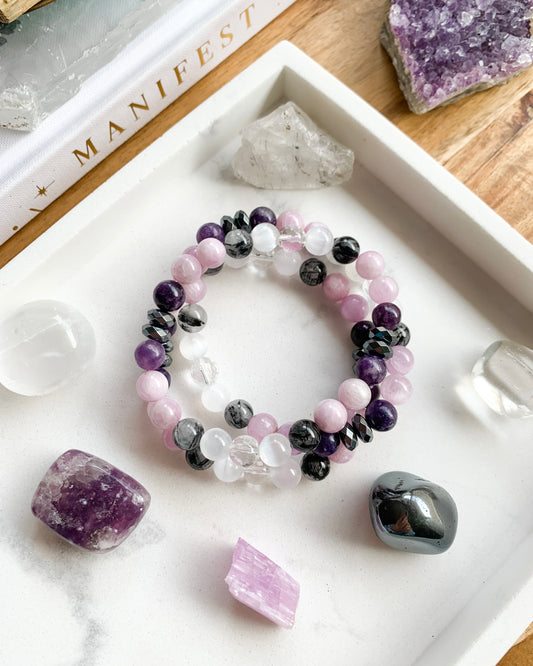 PROTECT YOUR PEACE Mala Bracelet | Clear Quartz, Hematite, Kunzite, Lepidolite, Selenite + Tourmalinated Quartz