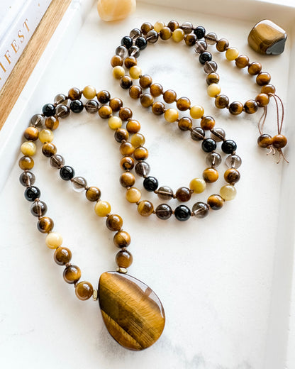 RECLAIM YOUR POWER Mala Necklace | Black Onyx, Brown Tiger Eye, Honey Tiger Eye + Smoky Quartz