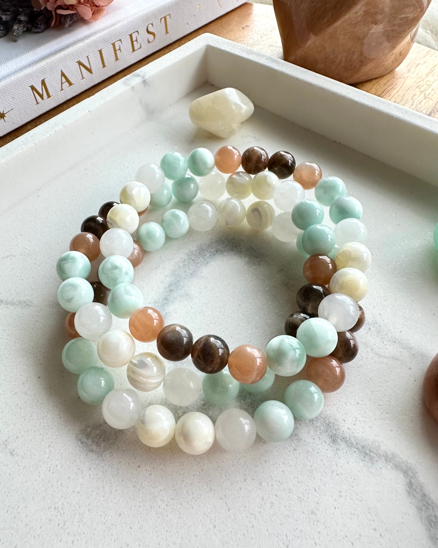 Rebirth Mala Bracelet | Black Moonstone, Green Moonstone, Jade, Peach Moonstone + Mother of Pearl