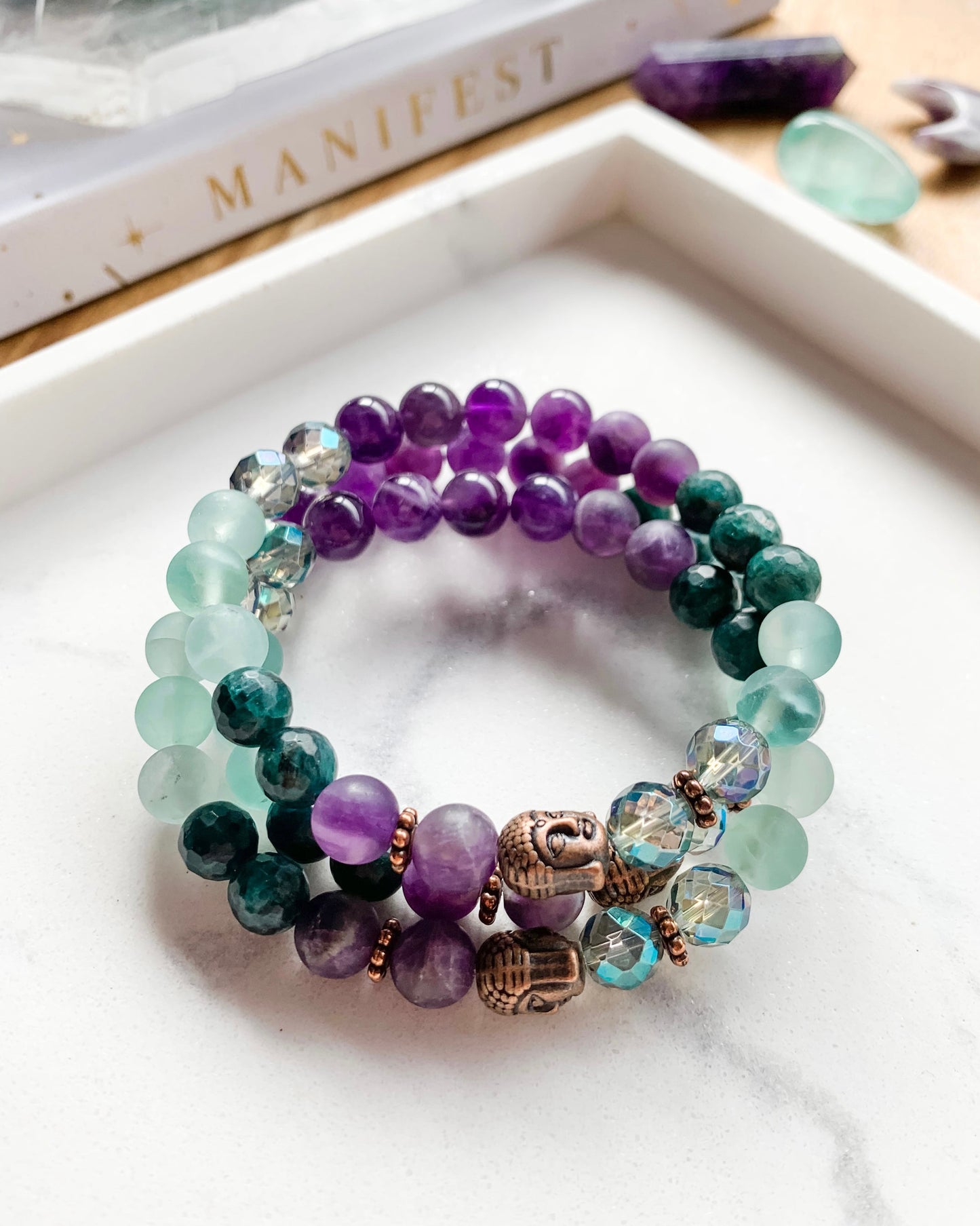 PRACTICAL MAGICK Mala Bracelet | Amethyst, Apatite, Aura Quartz + Fluorite