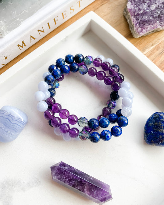 DREAM WEAVER Mala Bracelet | Amethyst, Aura Quartz, Blue Lace Agate + Lapis Lazuli