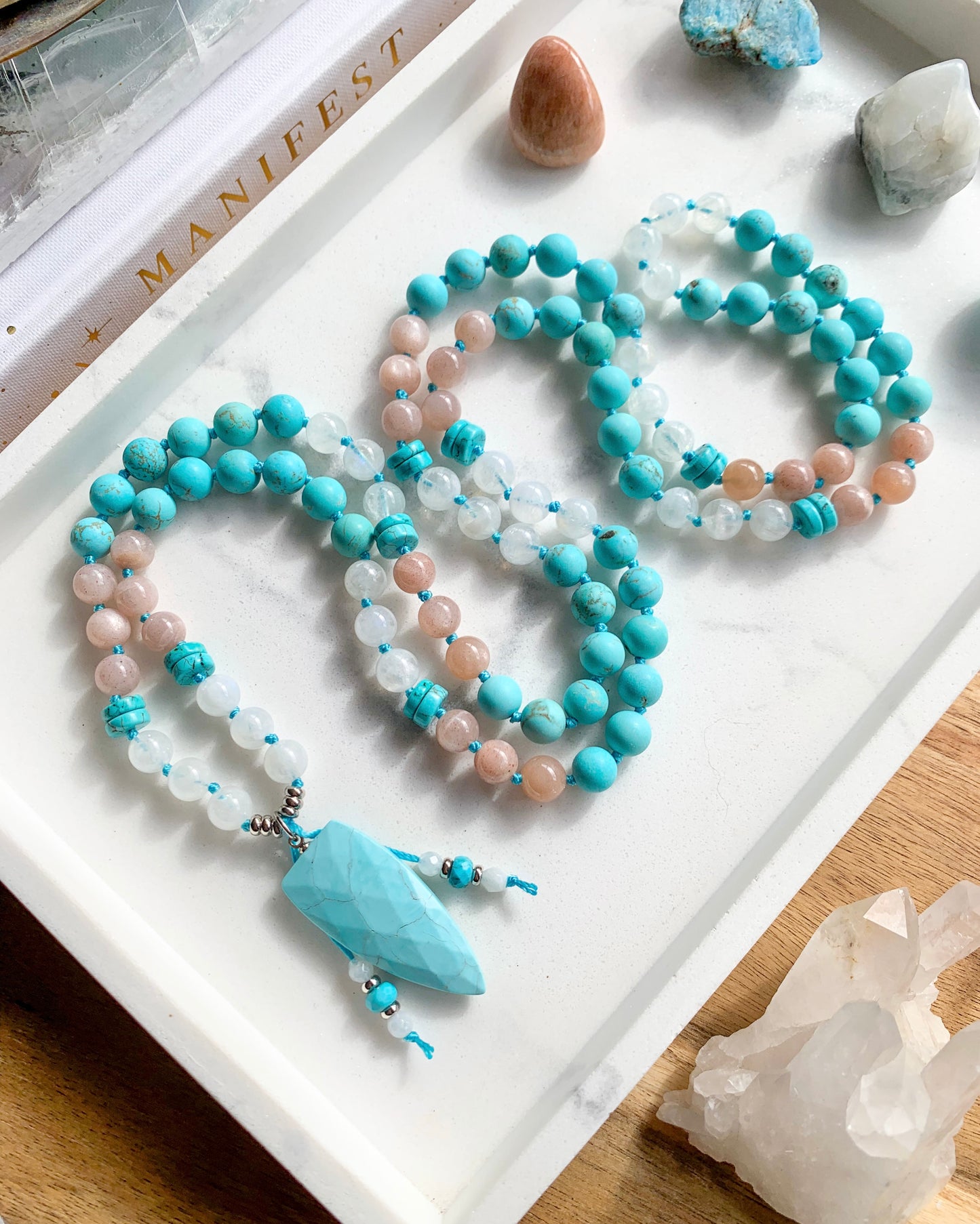 SAINT TROPEZ Mala Necklace | Howlite, Peach Moonstone, Rainbow Moonstone + Turquoise Magnesite