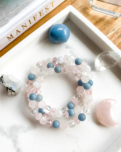 Springtime Blossom Mala Bracelet | Angelite, Clear Quartz, Rainbow Moonstone + Rose Quartz