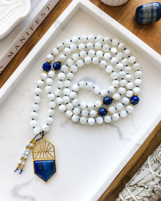 SVABHAVA | Lapis Lazuli + Mother of Pearl Mala Necklace