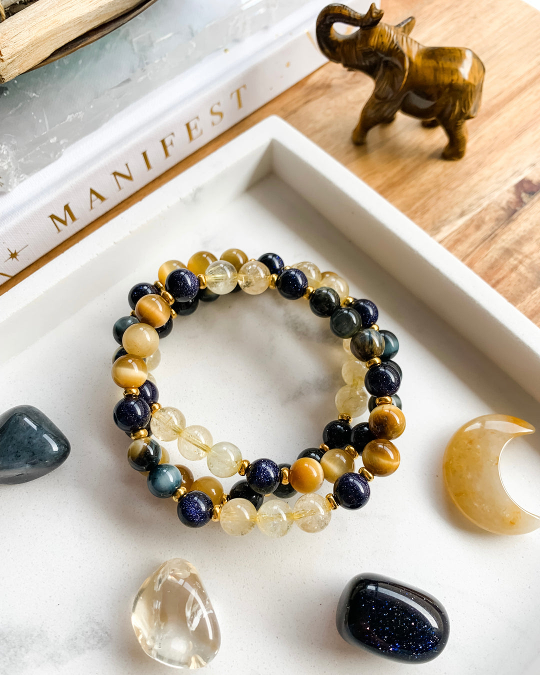 UNLEASH YOUR POTENTIAL | Blue Goldstone, Blue Tiger Eye, Citrine + Honey Tiger Eye Mala Bracelet