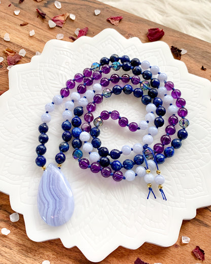 DREAM WEAVER Mala Necklace | Amethyst, Aura Quartz, Blue Lace Agate + Lapis Lazuli