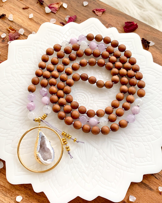 INNER PEACE Mala Necklace | Amethyst, Kunzite, Rainbow Moonstone + Sandalwood