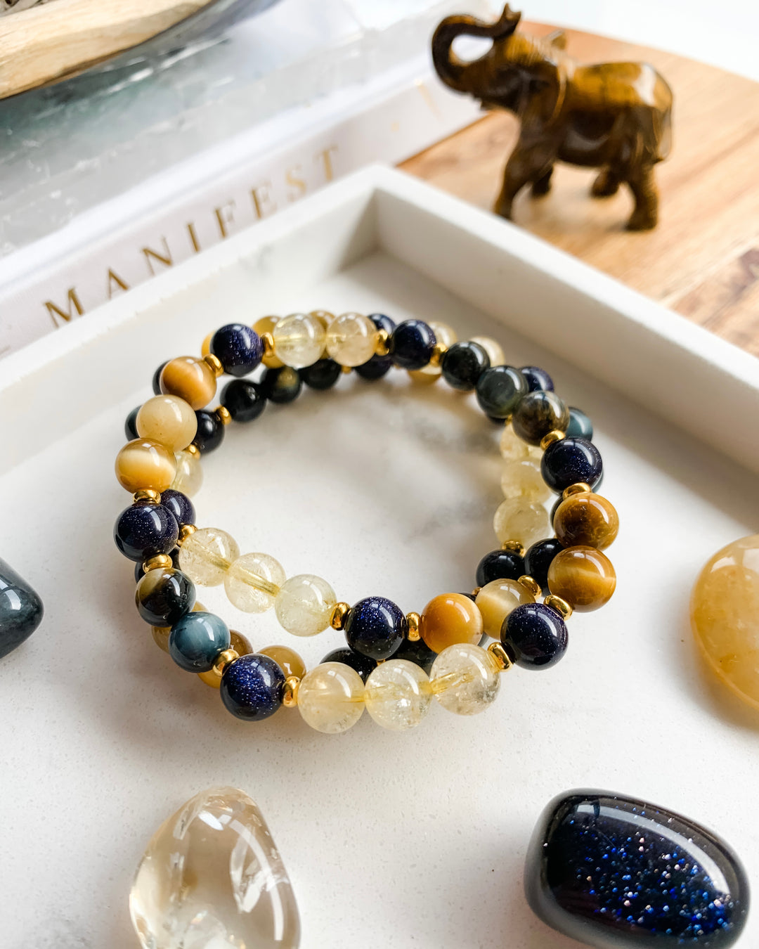 UNLEASH YOUR POTENTIAL | Blue Goldstone, Blue Tiger Eye, Citrine + Honey Tiger Eye Mala Bracelet