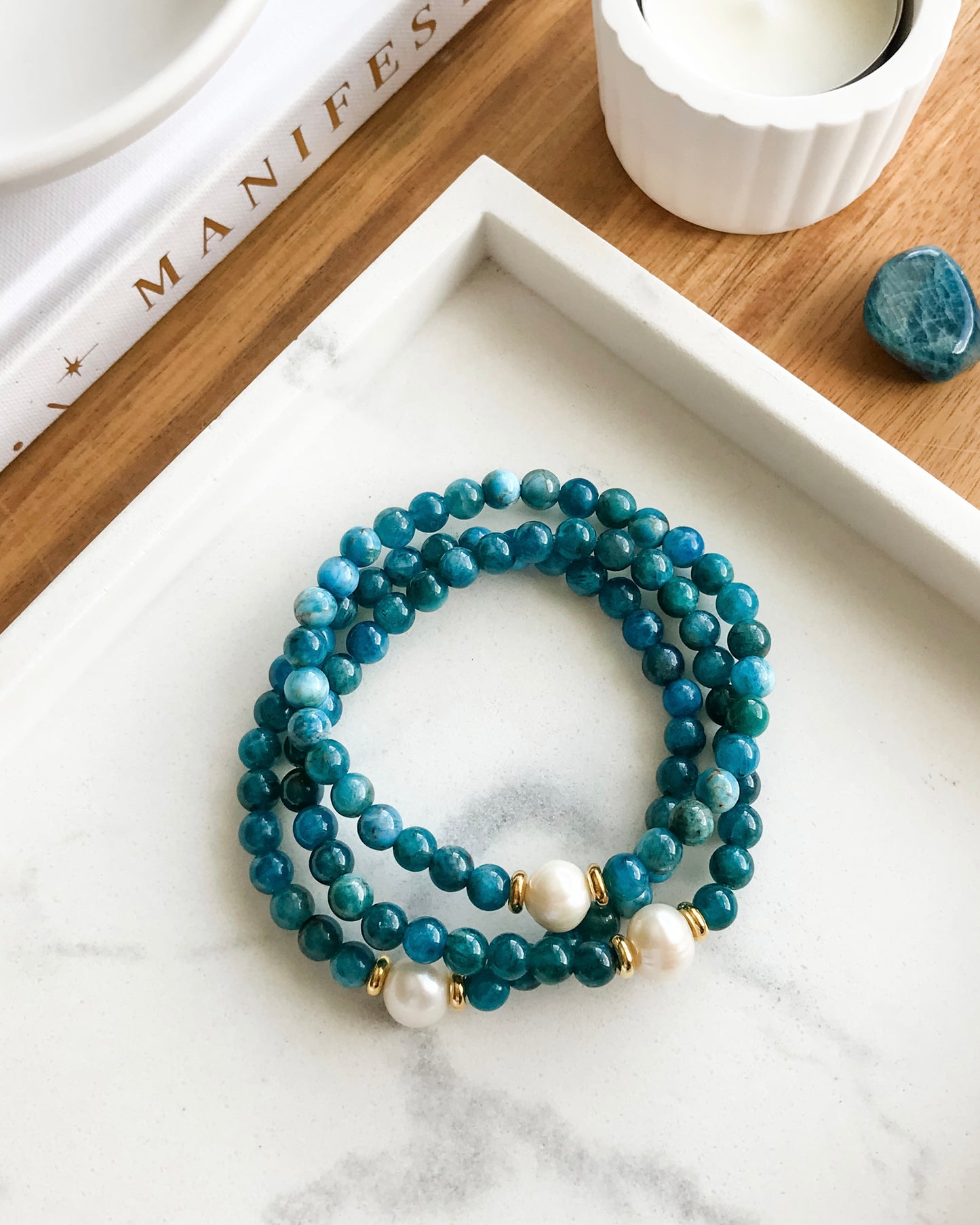 Atlantis Mala Bracelet | Freshwater Pearl + Blue Apatite