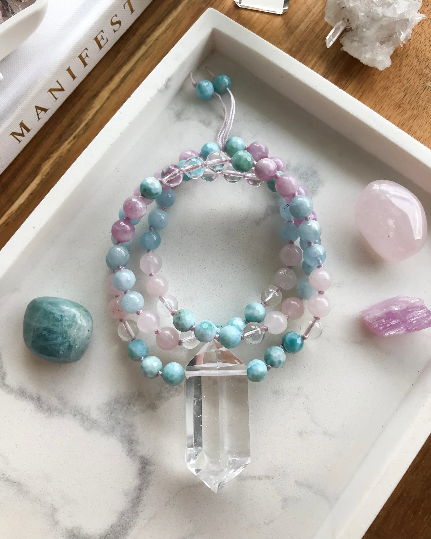 WORK YOUR LIGHT | Aquamarine, Clear Quartz, Kunzite, Larimar + Rose Quartz Mini Mala Necklace