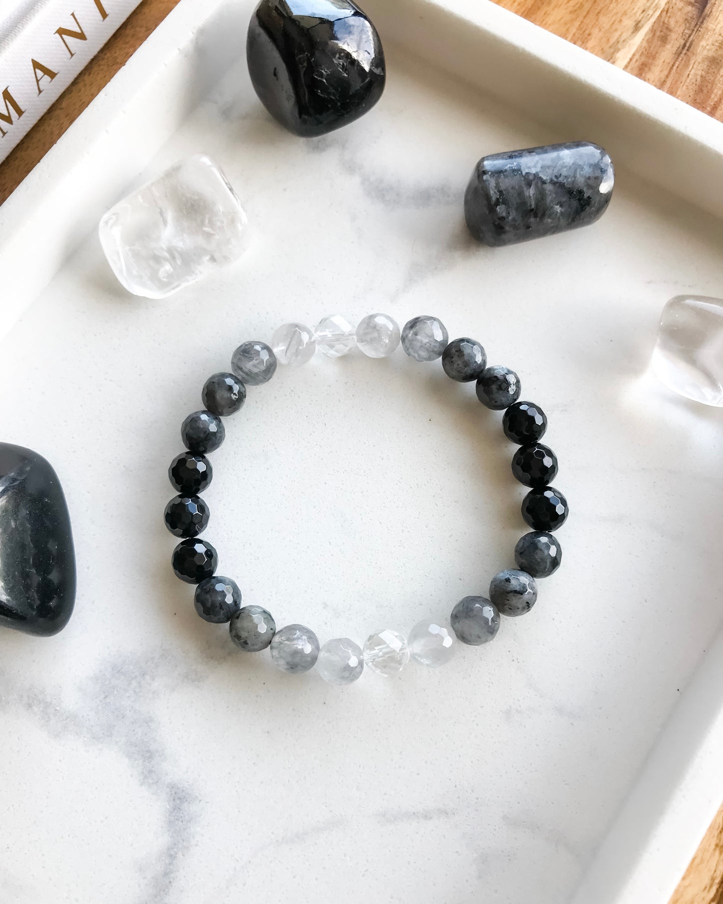 FROM THE ASHES Mala Bracelet | Black Onyx, Clear Quartz, Grey Quartz + Larvikite